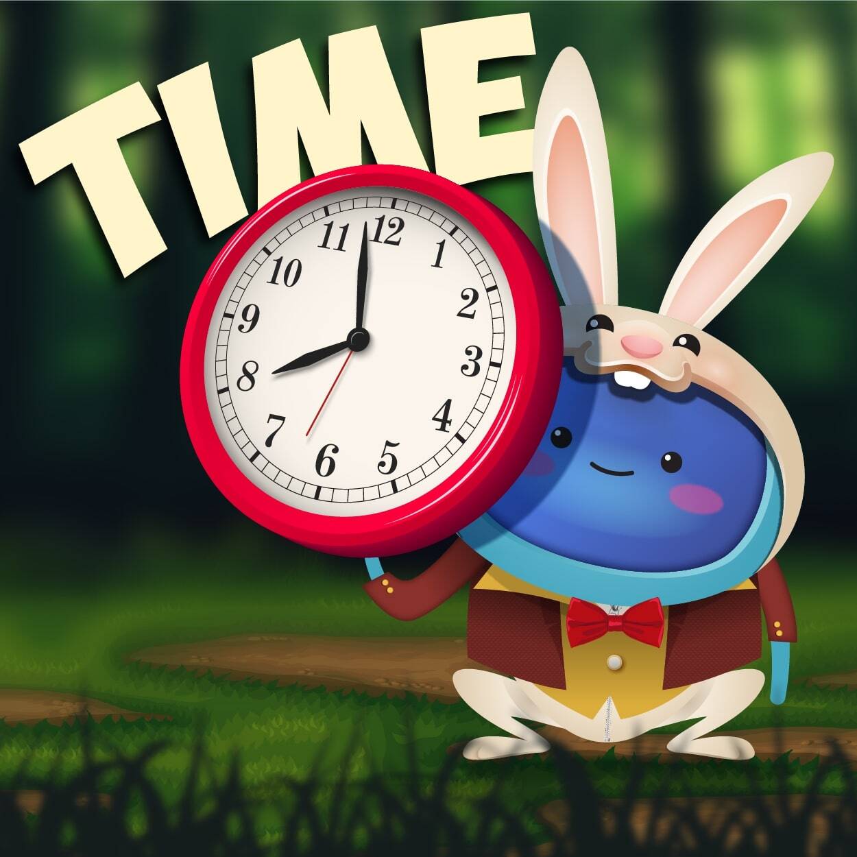 A character dressed up as the White Rabbit holding a big clock