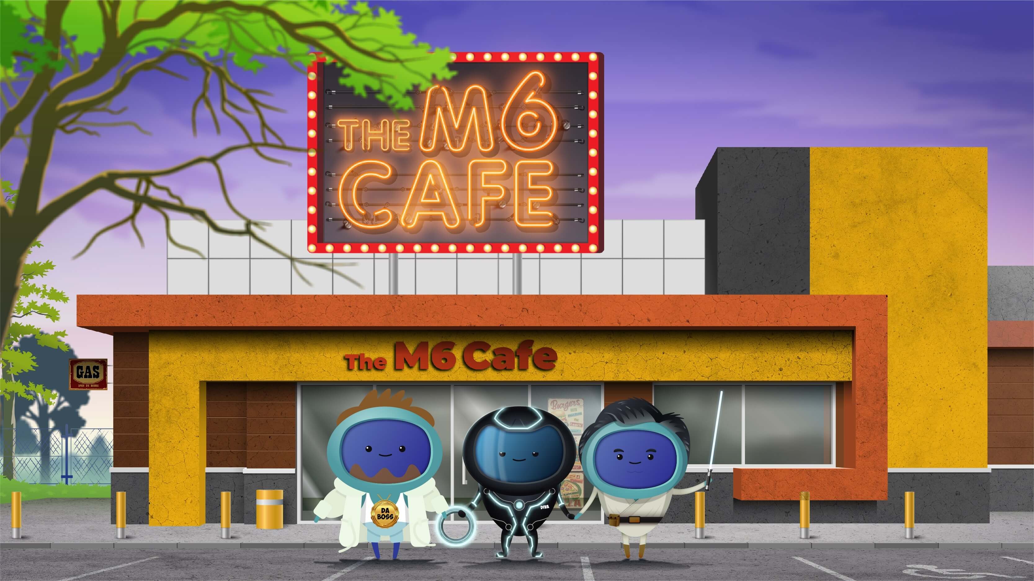 A group of characters outside The M6 Cafe