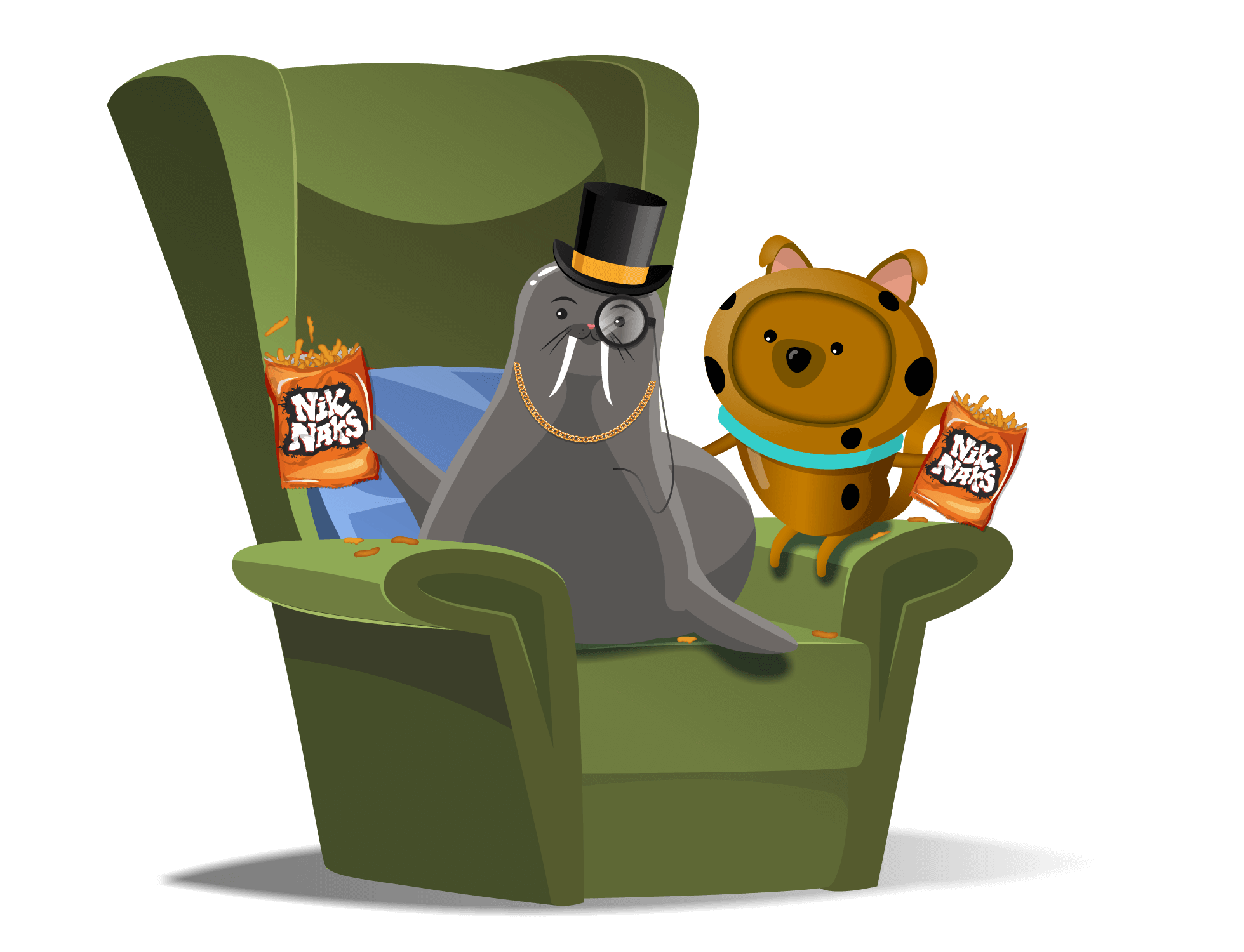 A seal character with a top hat next to a character dressed up as a dog on an armchair
