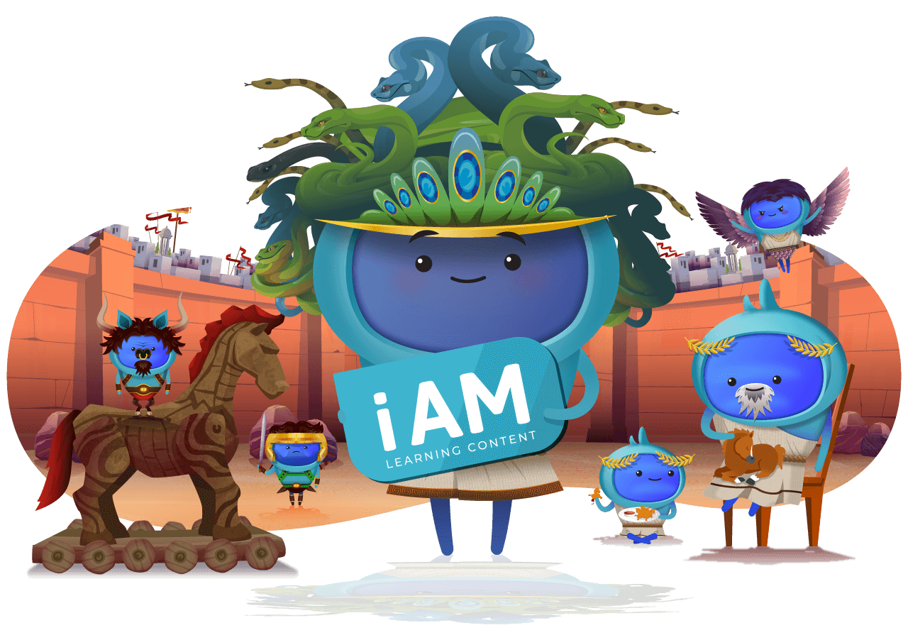 A group of characters in a Greek setting with one character holding up the iAM Learning logo
