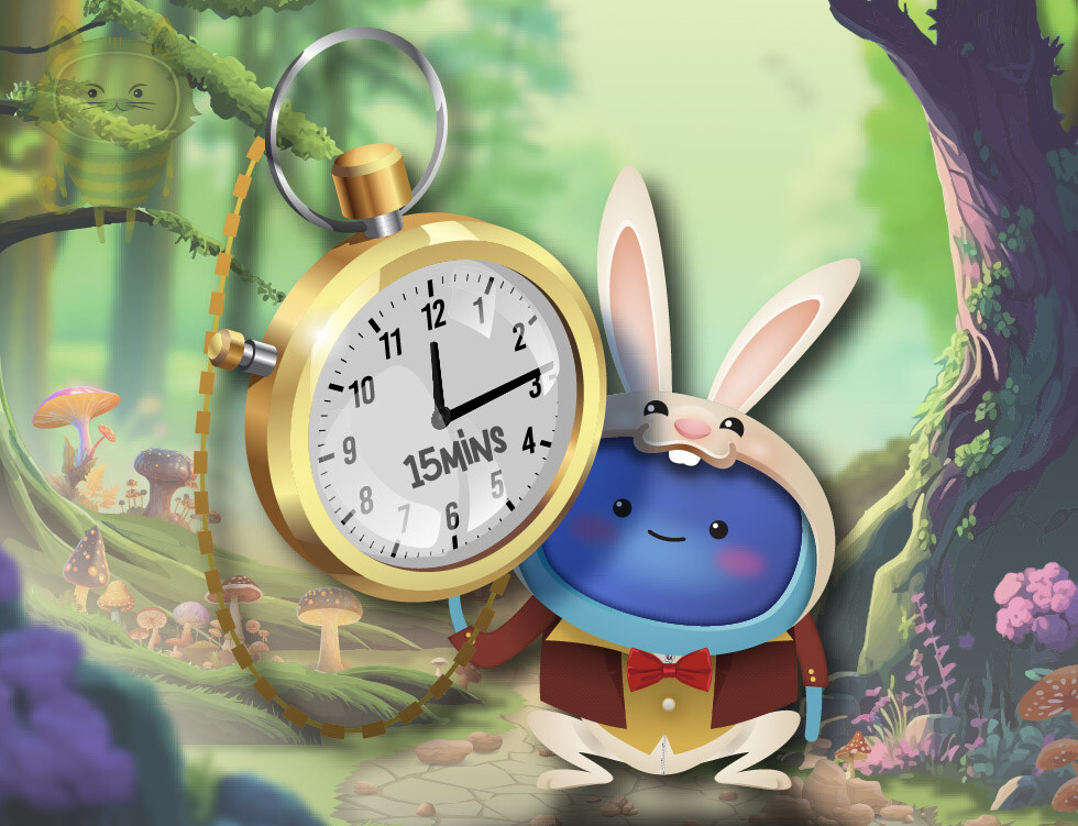 A character dressed up as the White Rabbit holding a big stopwatch