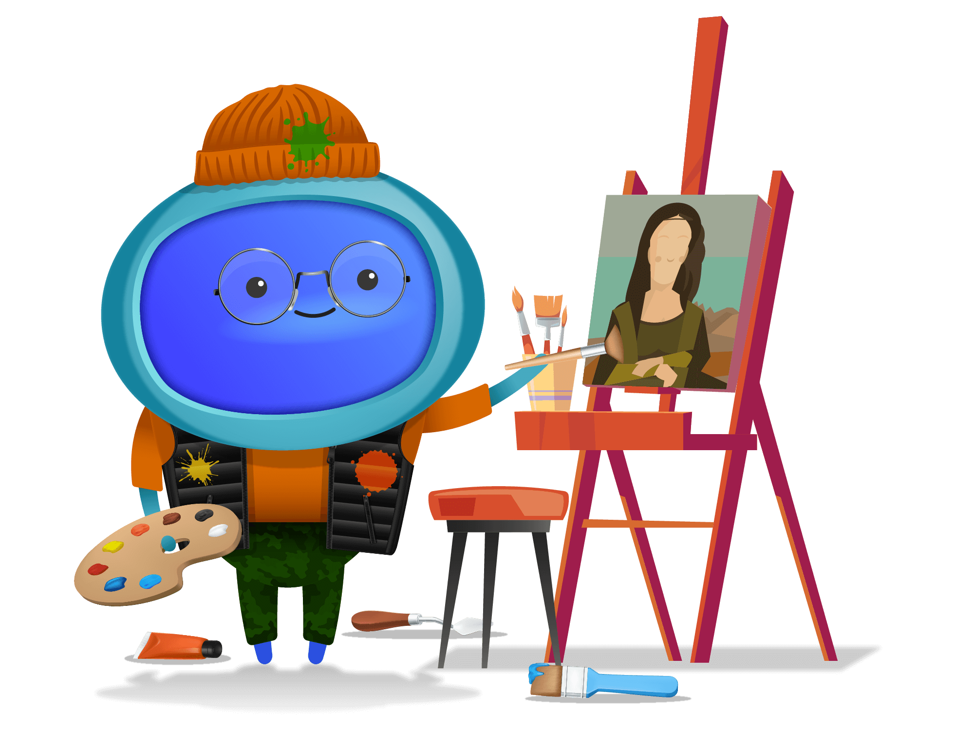 A character painting on an easel