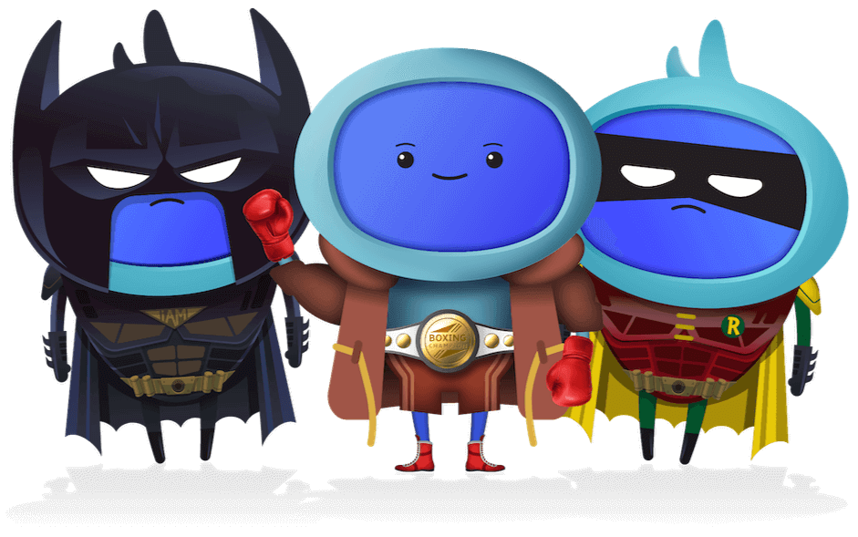 A group of characters dressed up as a boxer, Batman and Robin