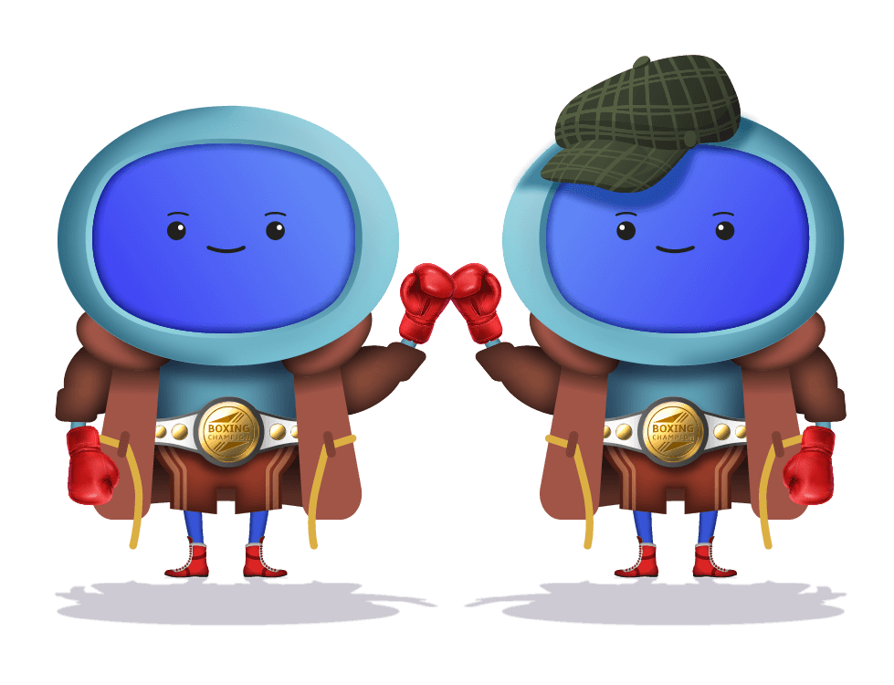 Two characters dressed up in boxing gear working together