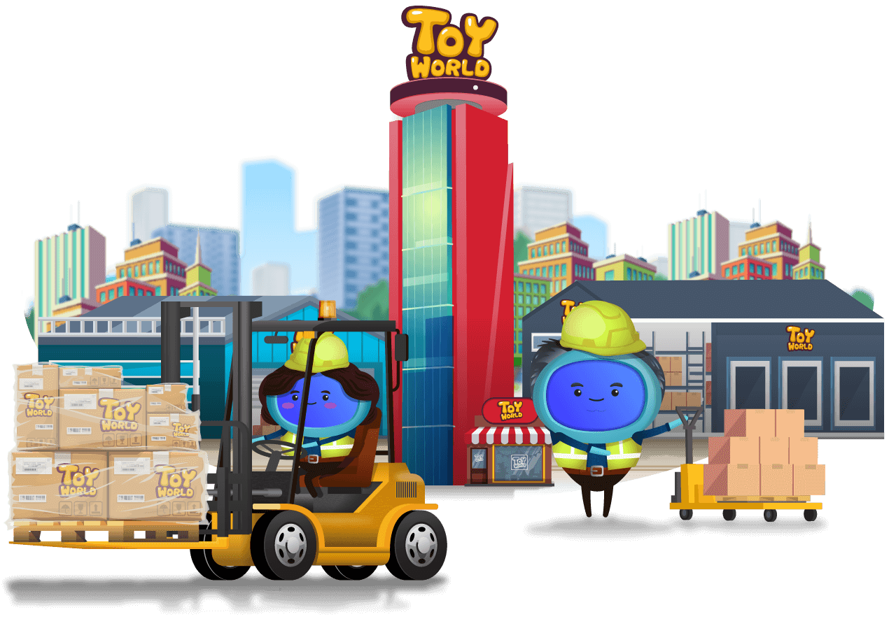 Two character working in warehouse for a retailer called Toy World