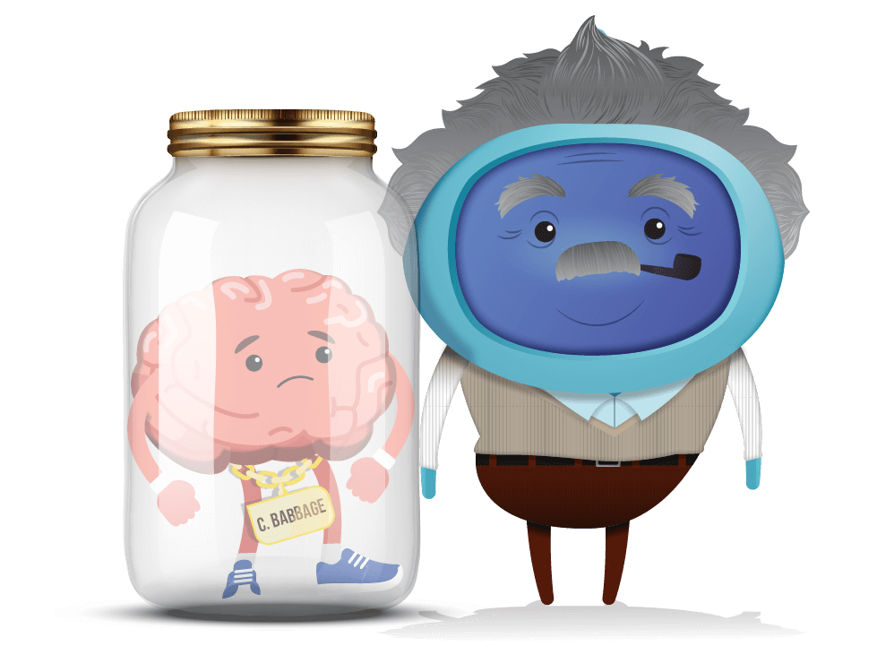 A character dressed up as Einstein next to a brain in a jar 