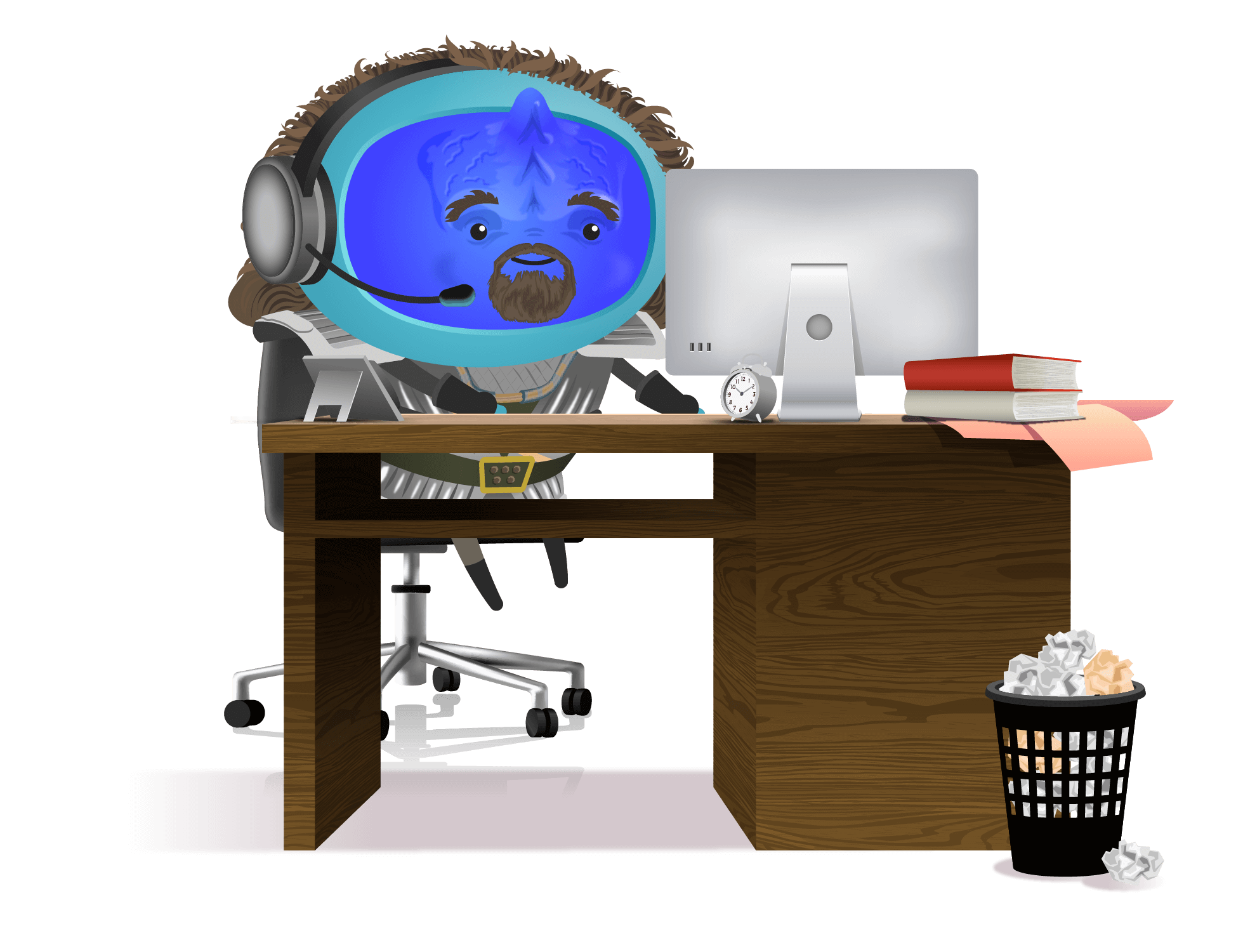 A character sitting at an office desk in front of a computer