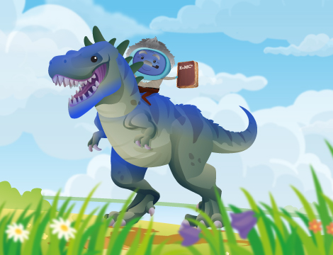 A character riding on a dinosaur