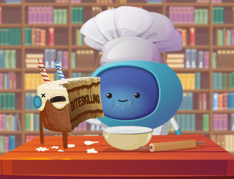 A character dressed up as a chef with a slice of cake