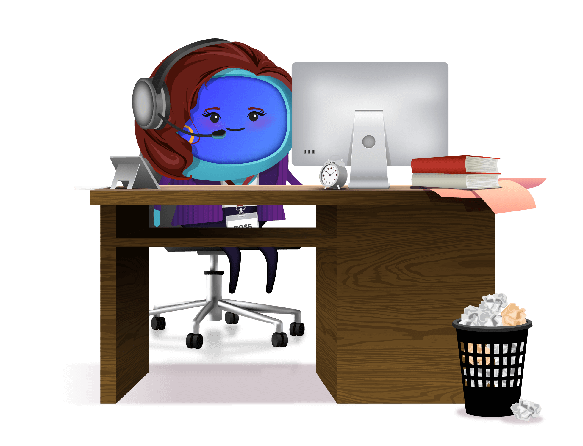 A character sitting at an office desk in front of a computer ready to answer questions